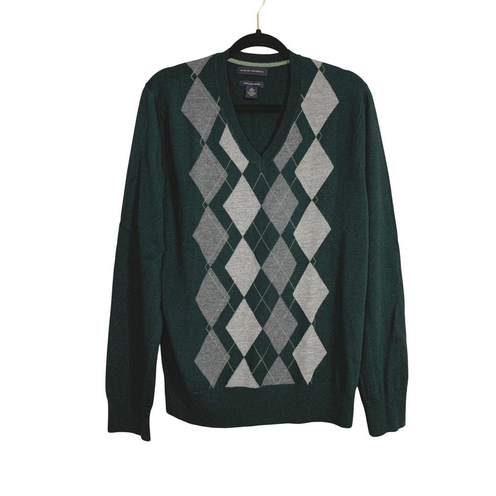Banana Republic Extra Fine Merino Wool‎ Argyle V Neck Sweater Mens Medium